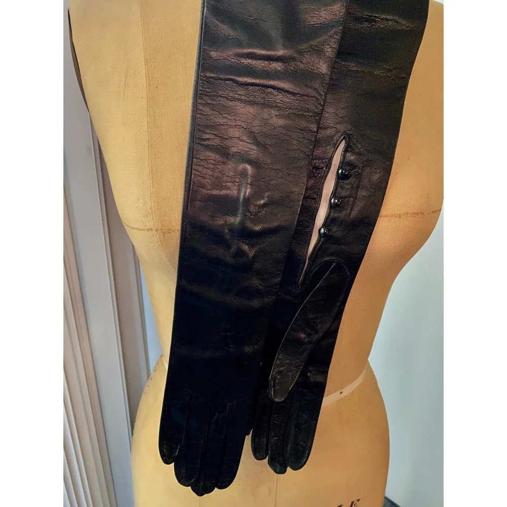 NWOT Vintage Christian Dior Opera Length Black Leather Gloves SZ 6 1/2